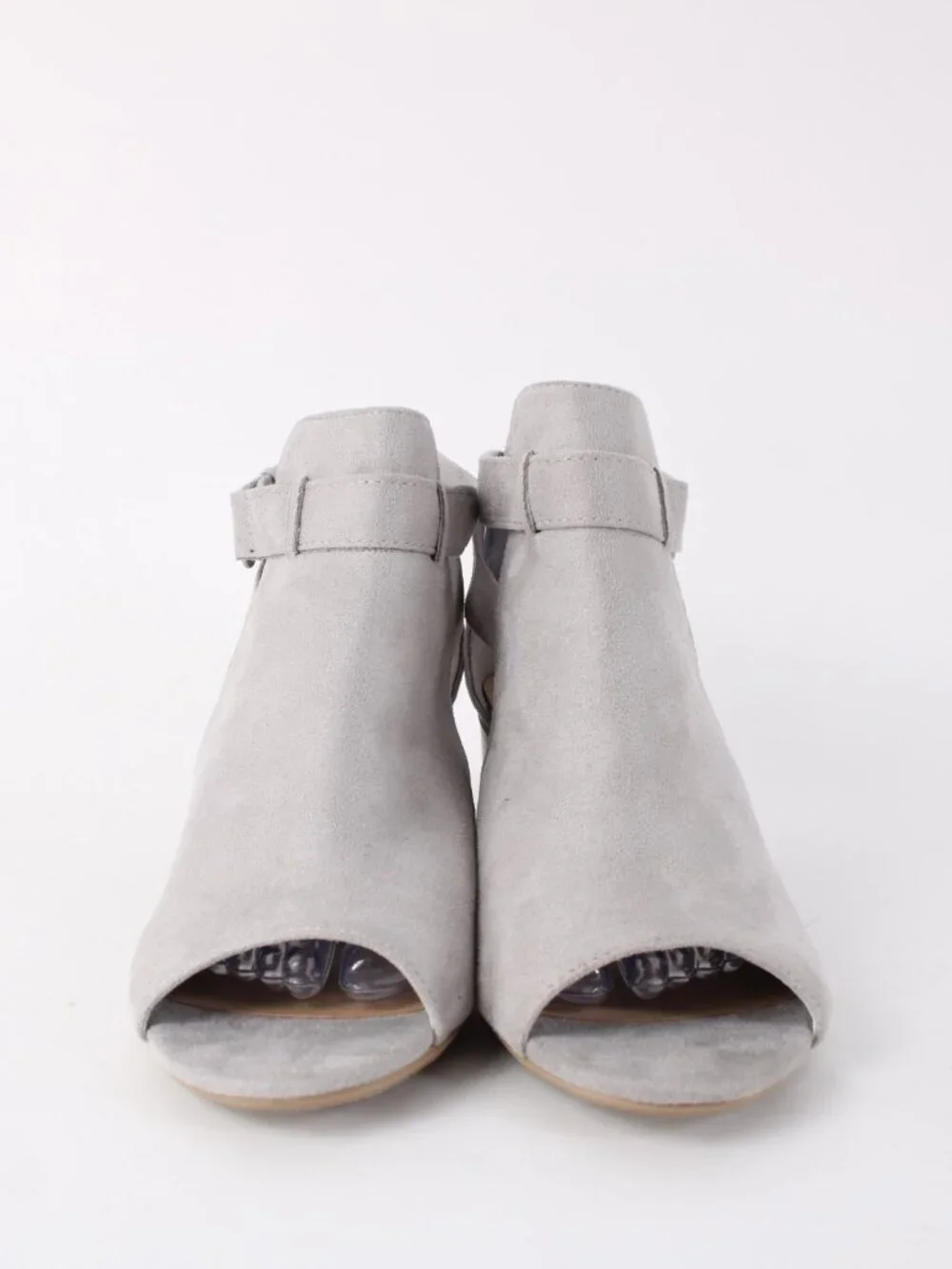 City Classified Heeled Booties Sz 10 Gray Buckled Peep Toe Man Made 2" Bootie - Picture 2 of 8